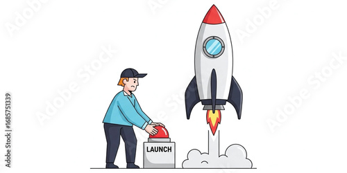 Cartoon character pushing a big red button to launch a rocket ship representing a new business startup project or idea.
