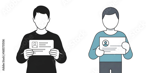 Faceless characters holding up identification cards for verification security or personal identity concepts on a white background.
