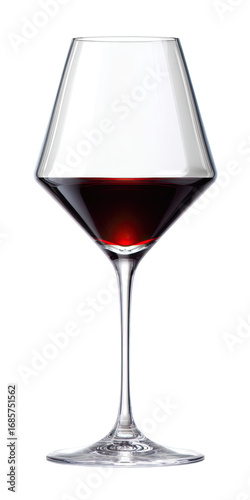 Clear glass wine goblet, diamond-shaped bowl, full of red wine.  Stem is slender and elegant