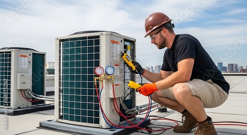 Hvac technician inspecting an air conditioning unit on a rooftop