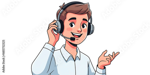 Friendly young cartoon man working as a call center operator with a headset providing customer service and technical support.
