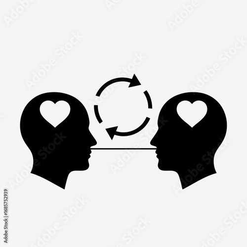 Vector art of two silhouettes of human heads facing each other with a heart inside each head and a circular arrow symbol representing communication or connection between them