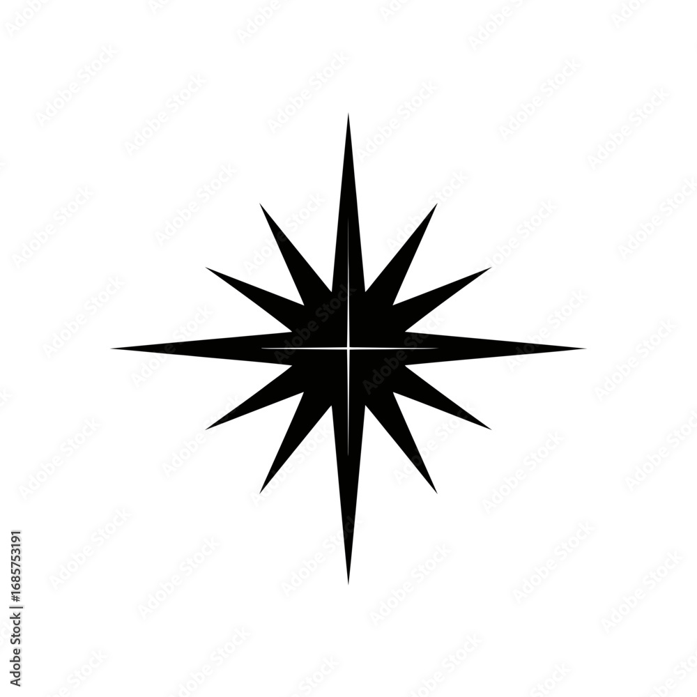 Fototapeta premium Vector art of a black starburst or compass rose symbol isolated on a, representing direction and navigation