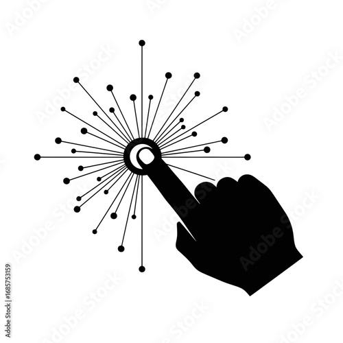 Vector art of a black silhouette of a hand with a finger touching a starburst or explosion of dots and lines