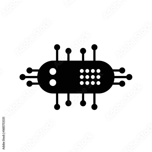 Vector art of black icon of a microchip with multiple pins and dots