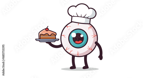 Cute cartoon eye chef serving cake