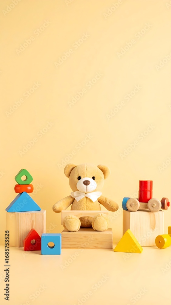 Obraz premium Playful toys, blocks, teddy bear on pastel yellow background