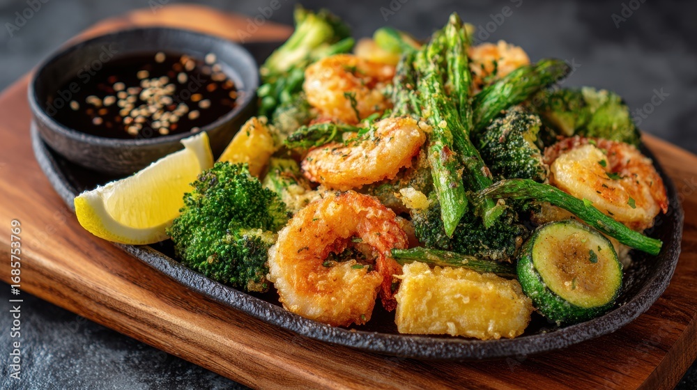 Fototapeta premium Delicious Shrimp Tempura with Vegetables and Soy Dipping Sauce