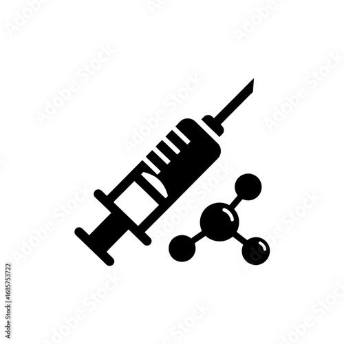 Vector art of black icon of a syringe and a molecule, , representing medical research, vaccination, and scientific discovery