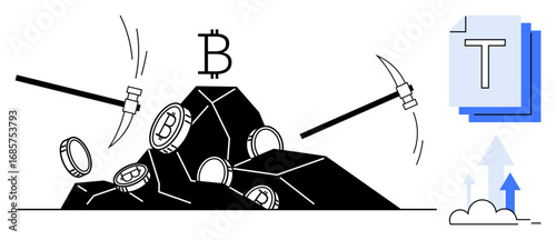 Pickaxes striking rocks filled with Bitcoin coins and blockchain elements. Ideal for cryptocurrency, blockchain technology, digital mining, finance, innovation, fintech, simple landing page