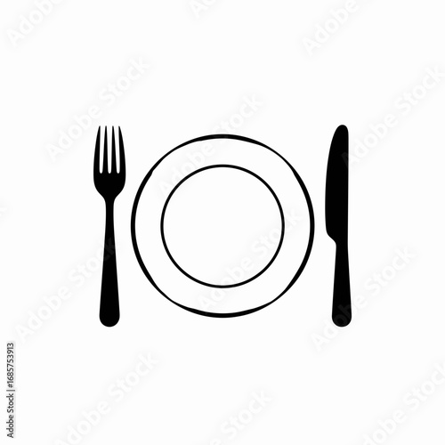 Vector art of a black silhouette of a plate with a fork and knife on a