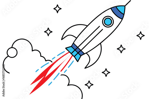 Cartoon Rocket Ship with Flame in Blue Starry Sky Illustration