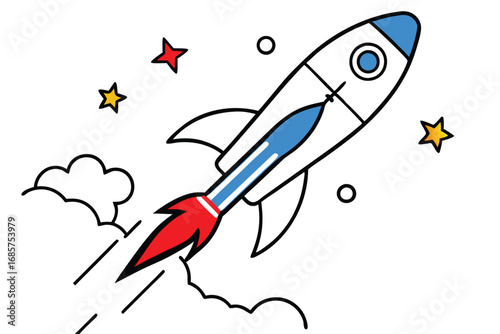 Cartoon Rocket Ship with Flame in Blue Starry Sky Illustration
