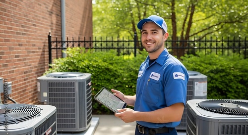 Hvac technician with tablet inspects outdoor air conditioning units on a sunny day