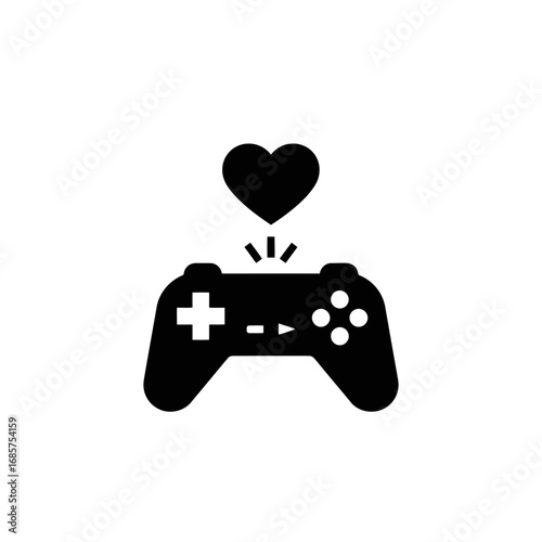 Vector art of black silhouette of a video game controller with a heart icon above it