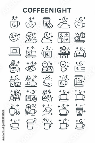 Set of thin line icons representing the coffee night concept, including symbols for late-night work, study, caffeine boost, and sleeplessness