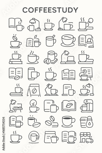 A collection of thin line icons representing coffee and studying. Symbols for reading books, education, and library concepts for design