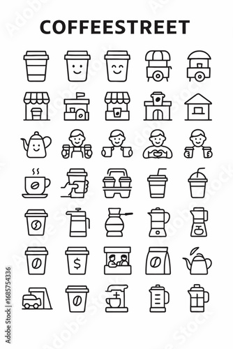 Coffee and cafe related thin line icon set. Vector symbols collection for barista, coffee maker, cup, shop, and street food cart