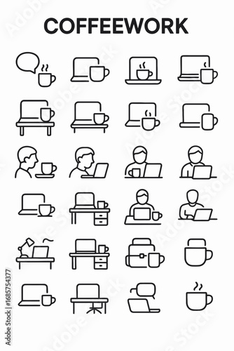 Thin line vector icon collection for co-working, remote office, and freelance business concepts with coffee and laptops