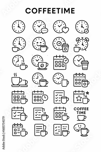 A curated set of line icons illustrating daily routines, time management, and the delightful ritual of coffee breaks, perfect for digital planning and productivity apps