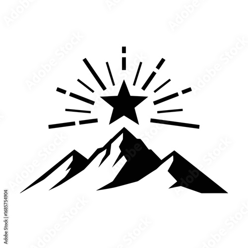 Vector art of a stylized black and white graphic of a star shining brightly above a mountain peak, symbolizing achievement and success