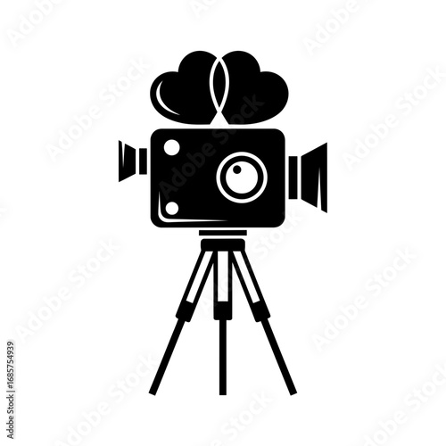 Vector art of vintage film camera on tripod with two hearts on top