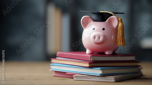 Piggy bank with graduation cap placed on stacked books symbolizing financial literacy and education for students