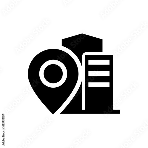 Vector art of a black and white icon representing a location pin superimposed on a building, symbolizing business location or office finder