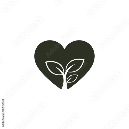 Vector art of heart shape with a growing plant sprout inside, symbolizing love for nature and growth