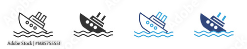 Sinking ship icon set in outline and flat style , vector illustration.
