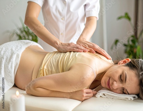 Pregnant woman receiving a relaxing prenatal back massage therapy.