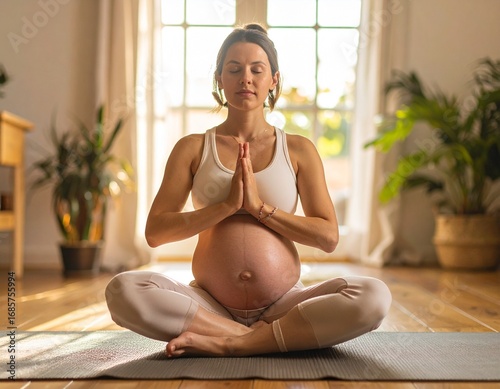 Pregnant woman meditating peacefully in lotus pose indoors for wellness and health.