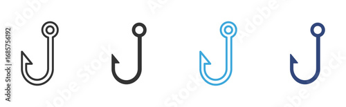 A metal fishing hook icon set in outline and flat style , vector illustration.