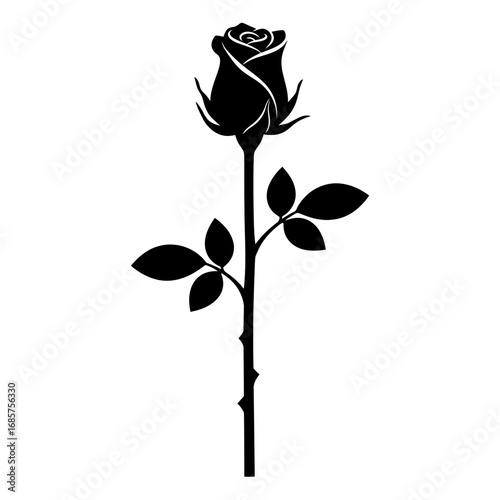 Vector art of black silhouette of a single rose with stem and leaves
