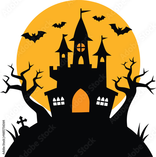 Vector art of spooky haunted castle silhouette against a large orange moon with bats flying