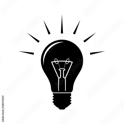 Vector art of black silhouette of a classic incandescent light bulb with radiating lines, symbolizing an idea or innovation, isolated on a