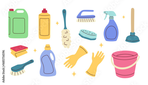 Set of tools for cleaning the house. Detergents, brushes and sponges.
