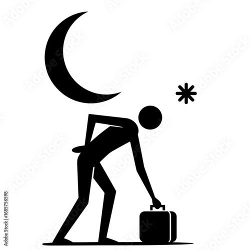Vector art of silhouette of a person with a briefcase under a crescent moon and a star