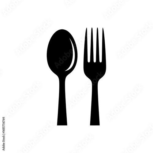 Vector art of a black silhouette of a spoon and a fork, isolated on a, representing cutlery and dining