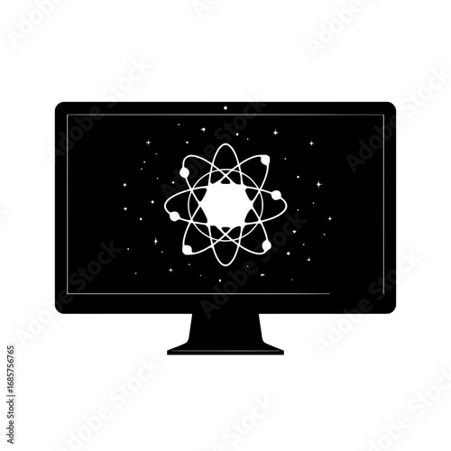 Vector art of a stylized atom symbol with orbiting electrons displayed on a computer monitor screen