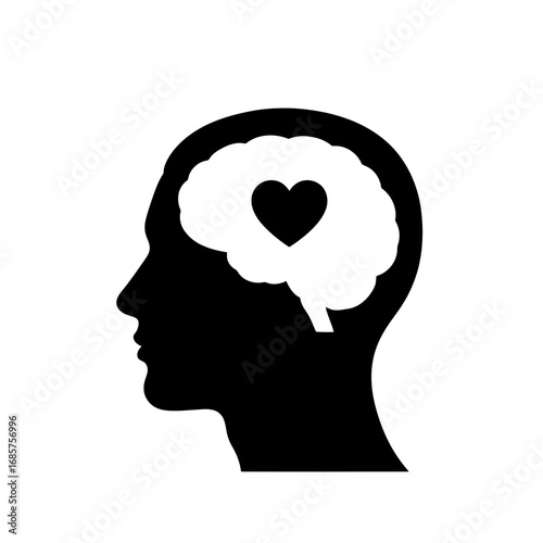 Vector art of silhouette of a human head with a brain containing a heart symbol