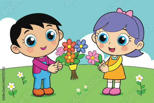 Happy Children Holding Flowers in Lush Green Garden Scene
