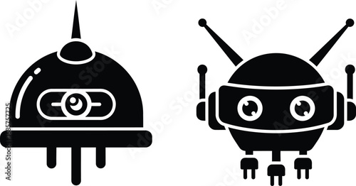 A pair of black silhouette vector icons depicting two different cartoon robot designs, one with a single eye and the other with two.