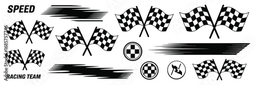 Vector Racing Elements Set – Black and White Checkered Flags, Finish Banners, Speed Lines, and Racing Text Decals for Branding, Prints, or UI Design