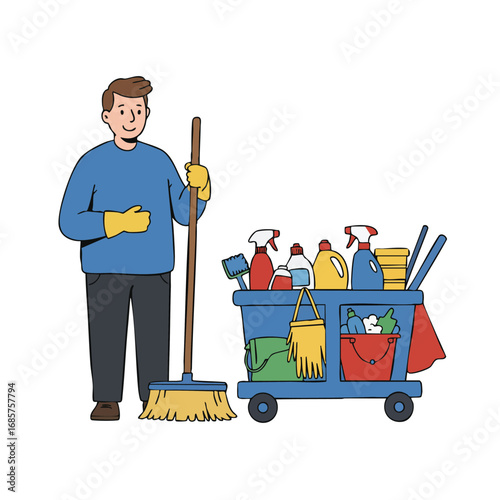 Male janitor standing with cleaning cart full of supplies and mop in casual attire
