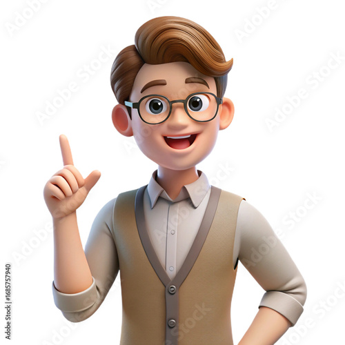 Young man with glasses points up isolated on a transparent background