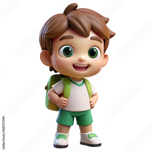 Cartoon boy with green backpack isolated on a transparent background
