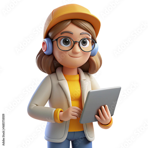 Cartoon Woman in Hard Hat and Headphones isolated on a transparent background 1