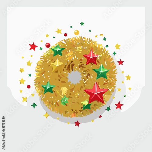 Shiny golden tinsel Christmas wreath with red and green star decorations and festive confetti, isolated on a simple background