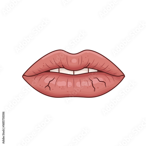 Chapped lips close-up, vector illustration with visible cracks and texture. Seasonal care for lips and skin. Winter and frosty days